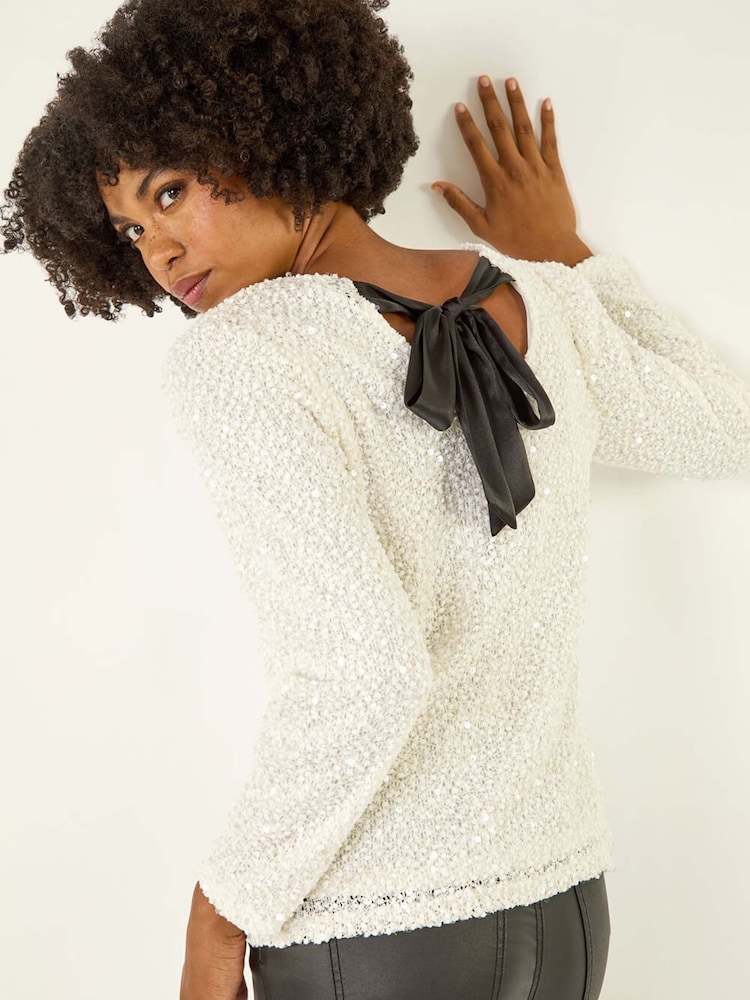 Roman White Sequin Bow Back Snit Blouse - Image 1 of 5 Roman White Sequin Bow Back Snit Blouse - Image 1 of 5