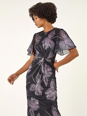 Roman Blue Foil Print Twist Front Stretch Midi Dress - Image 1 of 5