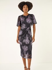 Roman Blue Foil Print Twist Front Stretch Midi Dress - Image 2 of 5
