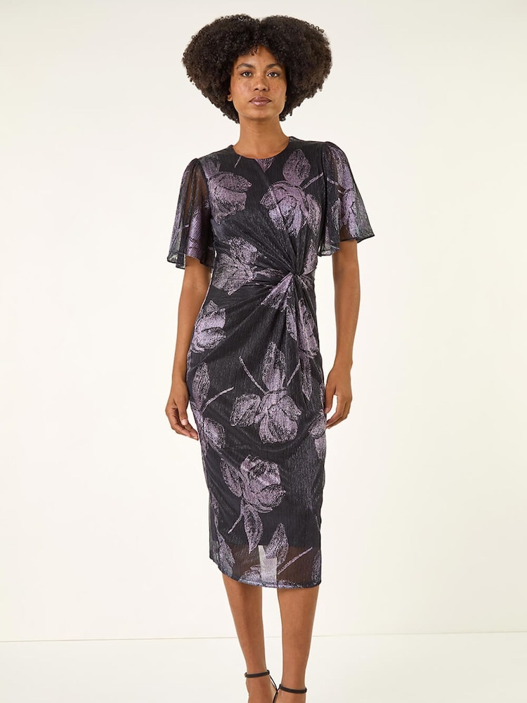 Roman Blue Foil Print Twist Front Stretch Midi Dress - Image 2 of 5