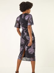 Roman Blue Foil Print Twist Front Stretch Midi Dress - Image 3 of 5