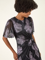 Roman Blue Foil Print Twist Front Stretch Midi Dress - Image 4 of 5
