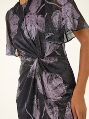 Roman Blue Foil Print Twist Front Stretch Midi Dress - Image 5 of 5
