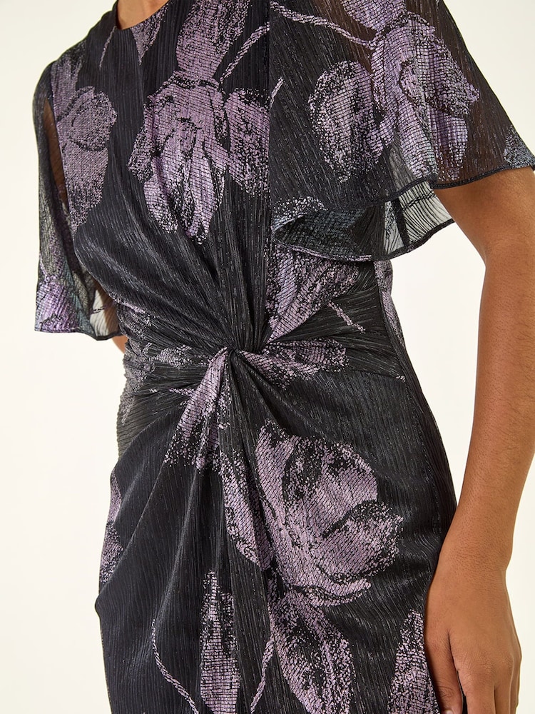 Roman Blue Foil Print Twist Front Stretch Midi Dress - Image 5 of 5 Roman Blue Foil Print Twist Front Stretch Midi Dress - Image 5 of 5