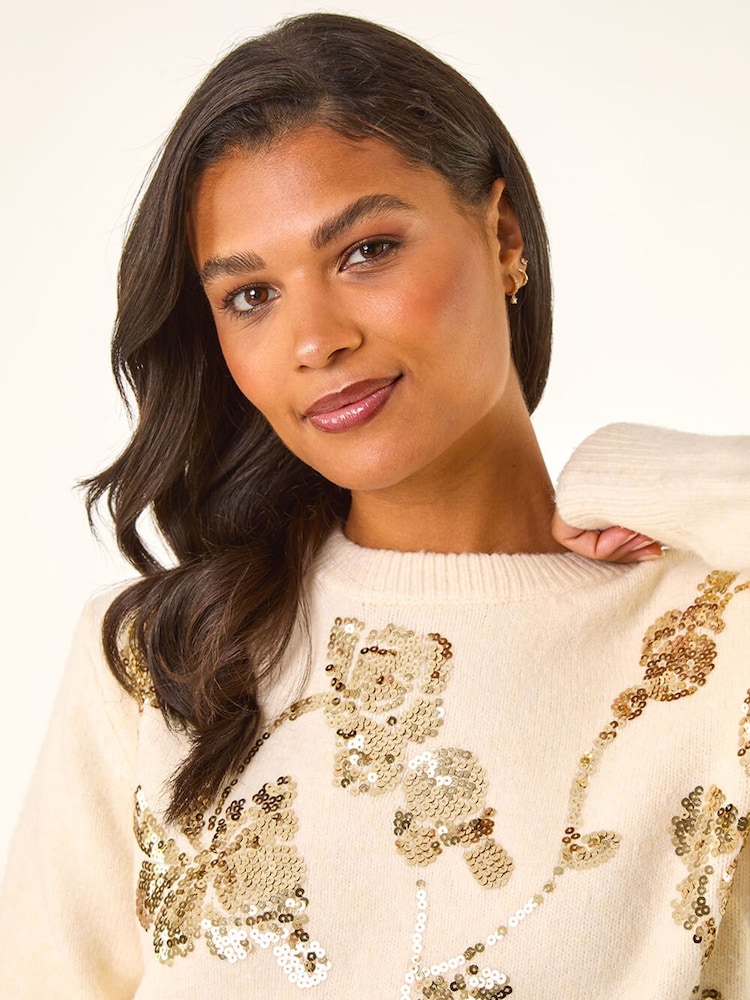 Roman White Sequin Floral Knit Jumper - Image 2 of 5 Roman White Sequin Floral Knit Jumper - Image 2 of 5