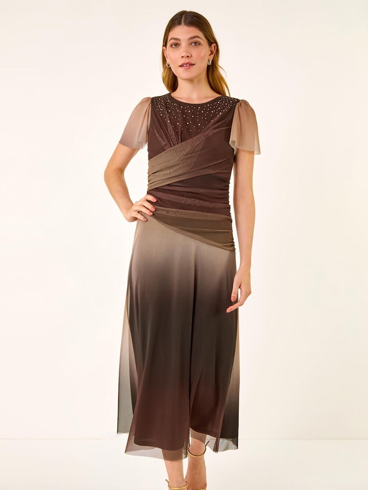 Roman Brown Hotfix Ombre Mesh Midi Dress - Image 1 of 5 Roman Brown Hotfix Ombre Mesh Midi Dress - Image 1 of 5