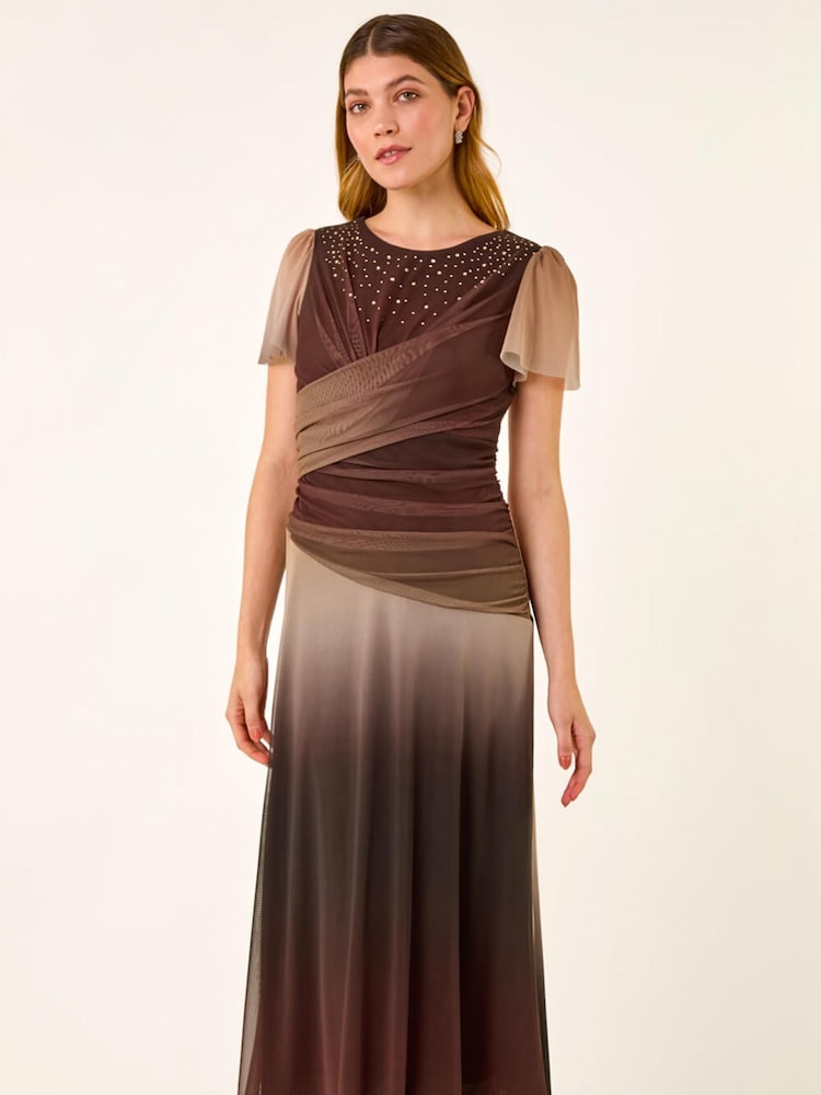 Roman Brown Hotfix Ombre Mesh Midi Dress - Image 2 of 5 Roman Brown Hotfix Ombre Mesh Midi Dress - Image 2 of 5