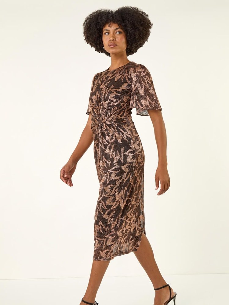 Roman Metallic Foil Print Twist Front Midi Dress - Image 1 of 5