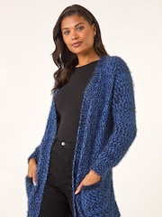 Roman Blue Fluffy Longline Knit Cardigan - Image 1 of 5