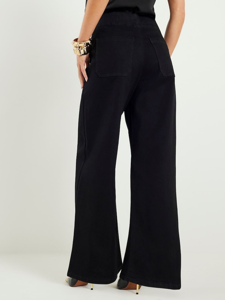River Island Black Petite High Rise Pull On Stretch Sculpt Palazzo Jeans - Image 2 of 5