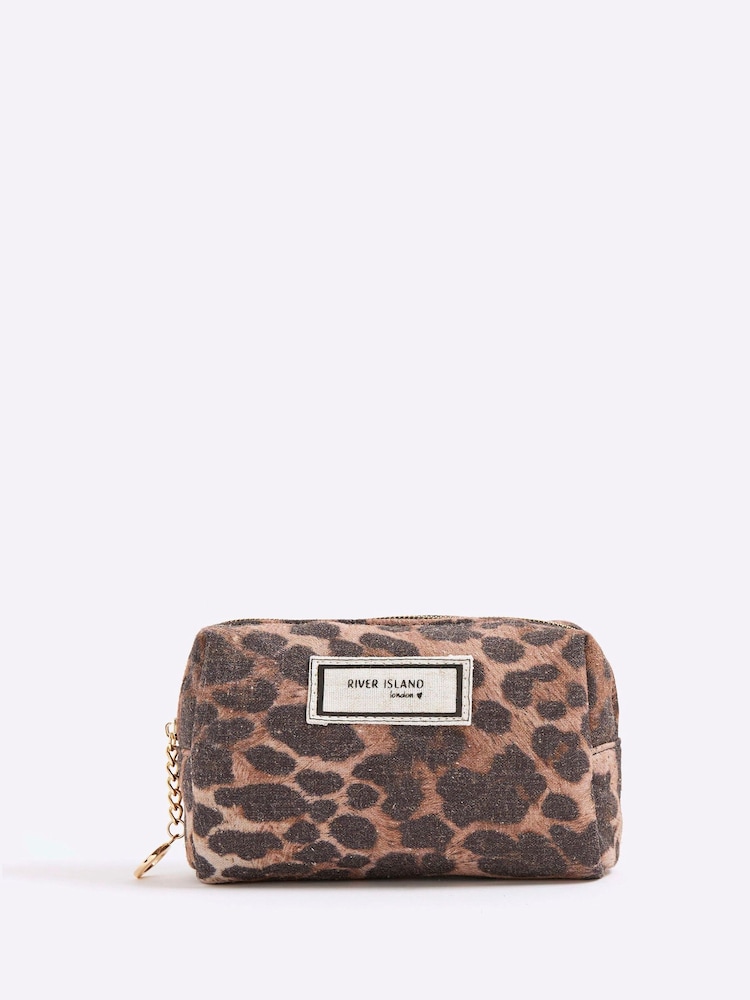 River Island Brown Canvas Leopard Print Make Up Bag - Image 1 of 5