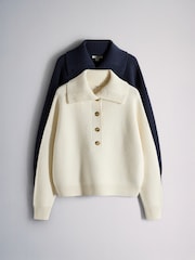The Set 2 Pack Sailor Collar Knitted Henley Jumpers Navy Blue/Cream - Image 1 of 5
