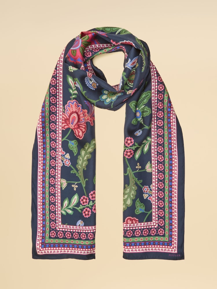 Joules Windsor Navy & Pink Floral 100% Silk Large Rectangle Scarf - Image 1 of 6 Joules Windsor Navy & Pink Floral 100% Silk Large Rectangle Scarf - Image 1 of 6