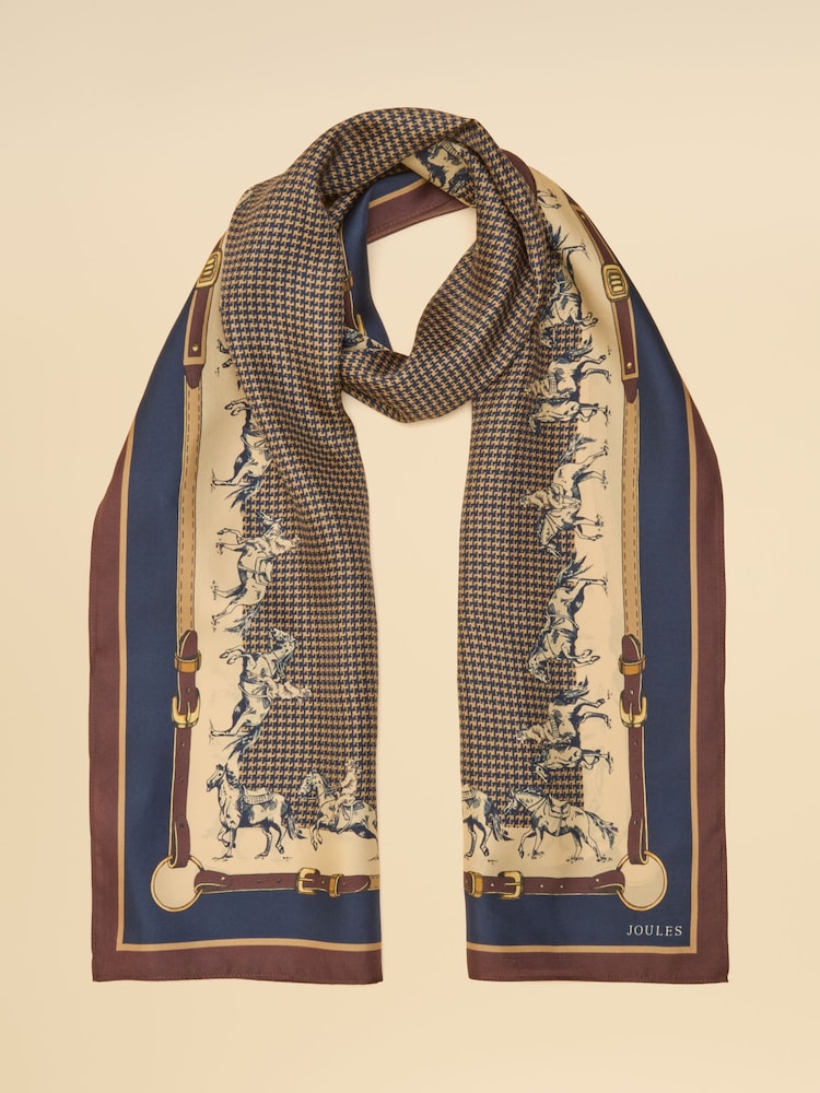 Joules Windsor Navy & Neutral Equestrian 100% Silk Large Rectangle Scarf - Image 1 of 5 Joules Windsor Navy & Neutral Equestrian 100% Silk Large Rectangle Scarf - Image 1 of 5
