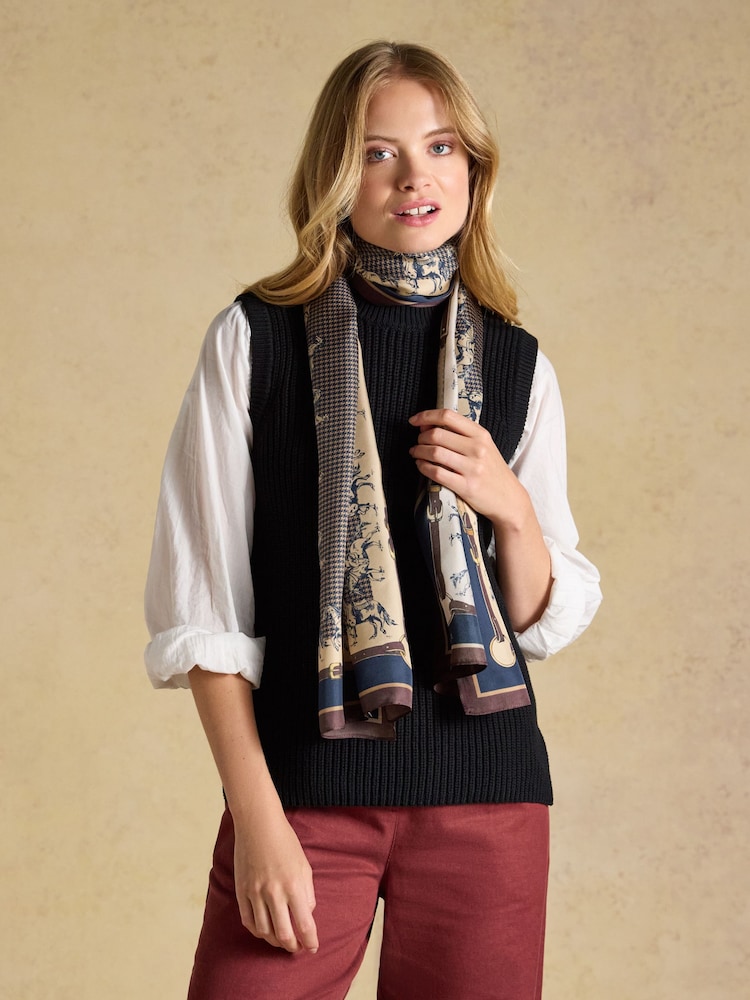 Joules Windsor Navy & Neutral Equestrian 100% Silk Large Rectangle Scarf - Image 2 of 5 Joules Windsor Navy & Neutral Equestrian 100% Silk Large Rectangle Scarf - Image 2 of 5