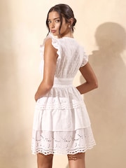 Lipsy White Broderie Flutter Sleeve Tiered Mini Dress - Image 2 of 5