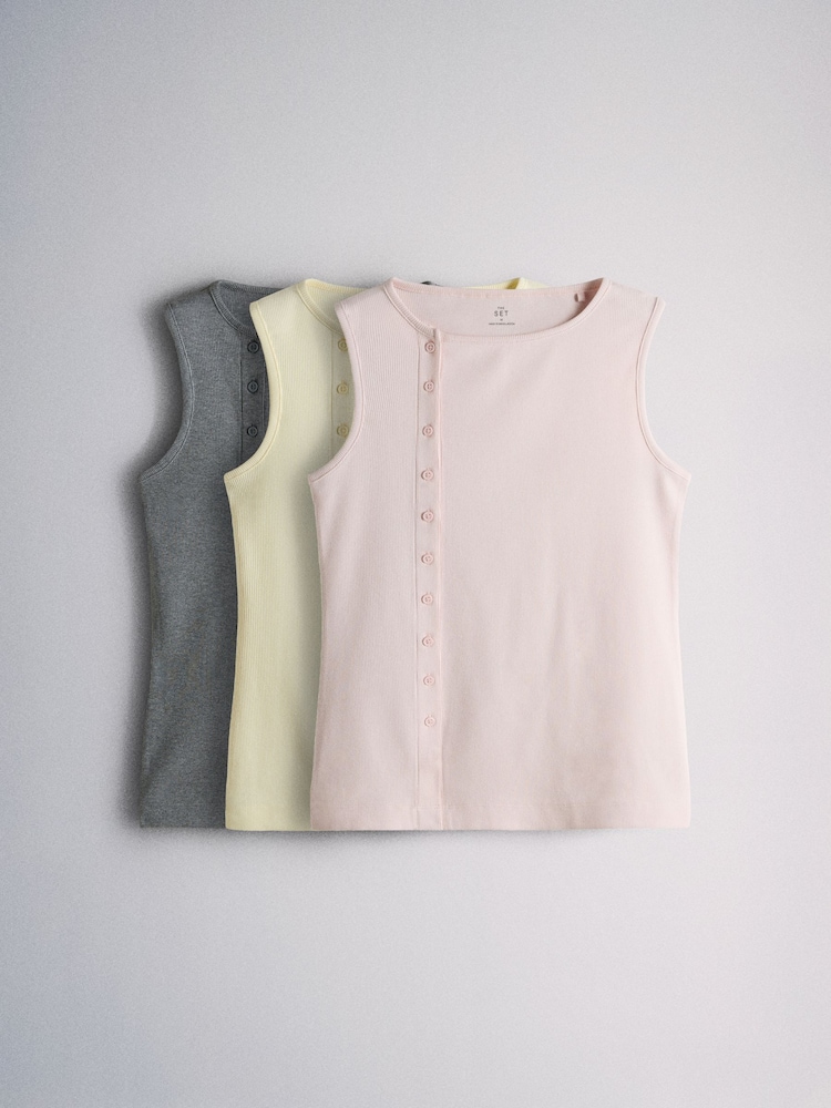 The Set 3 Pack Side Button Through Vests Grey Marl/Light Pink/Pastel Yellow - Image 2 of 6