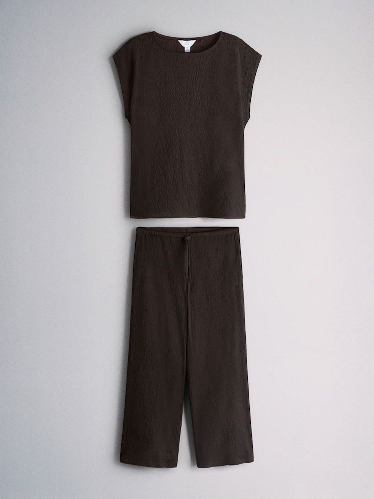 The Set 2 Pack Textured Cap Sleeve and Wide Leg Trousers Co-Ord Set - Image 2 of 6 The Set 2 Pack Textured Cap Sleeve and Wide Leg Trousers Co-Ord Set - Image 2 of 6