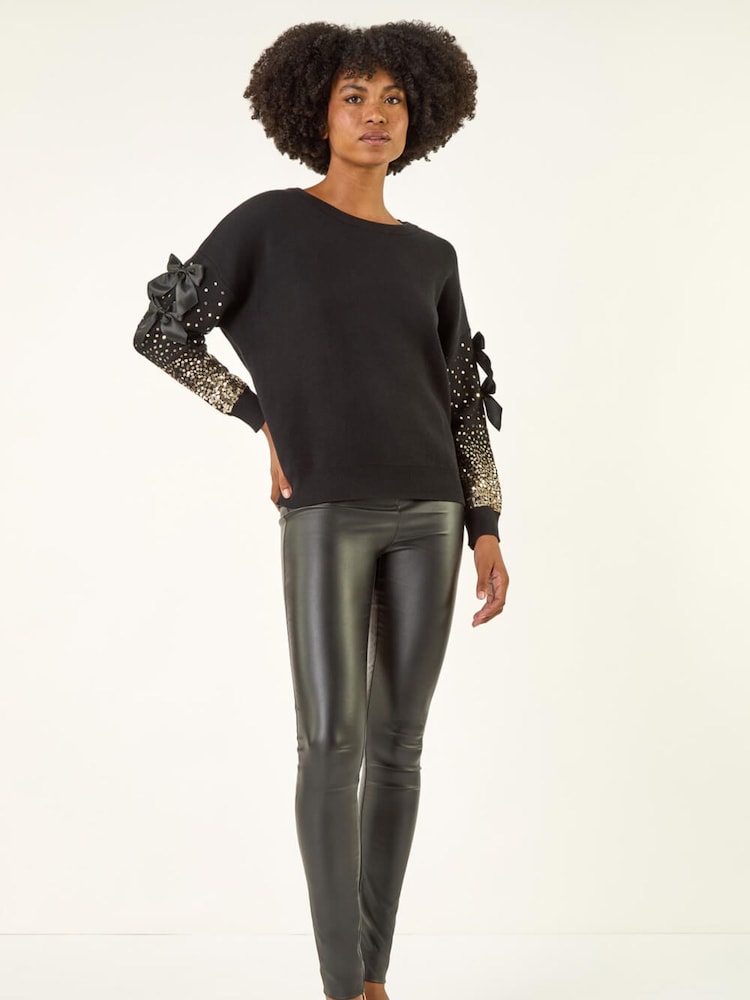 Roman Black Sequin Bow Sleeve Knit Jumper - Image 1 of 5
