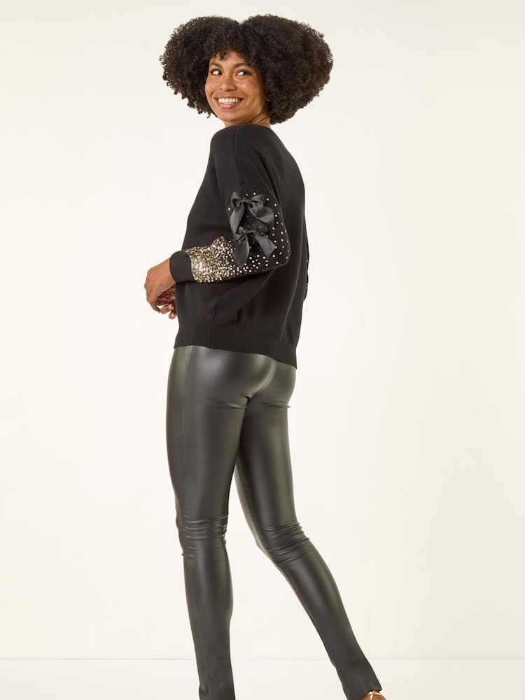 Roman Black Sequin Bow Sleeve Knit Jumper - Image 2 of 5 Roman Black Sequin Bow Sleeve Knit Jumper - Image 2 of 5