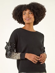 Roman Black Sequin Bow Sleeve Knit Jumper - Image 3 of 5