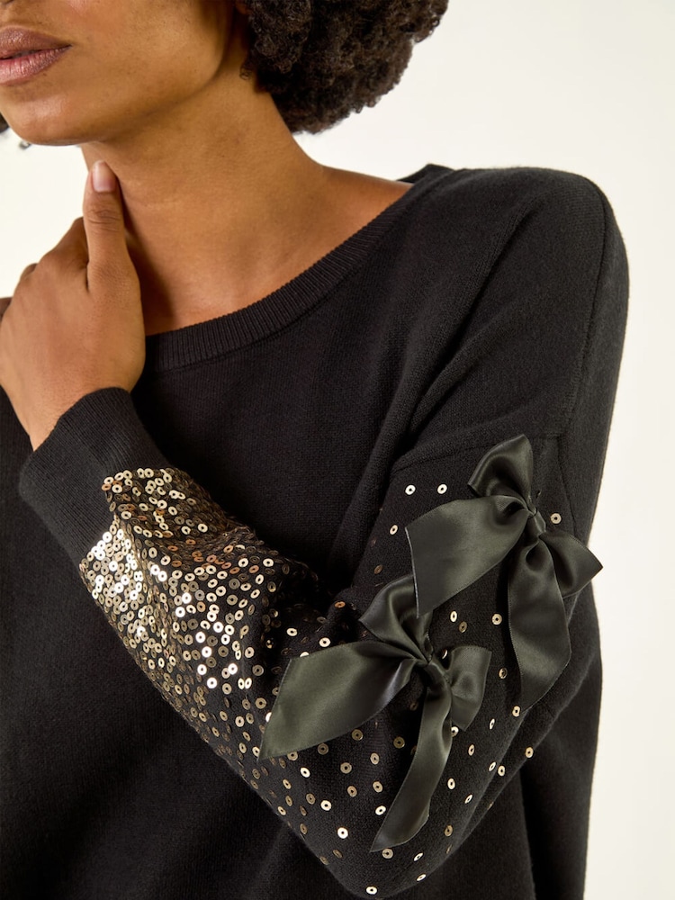 Roman Black Sequin Bow Sleeve Knit Jumper - Image 5 of 5