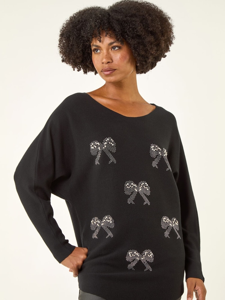 Roman Black Sequin Bow Sleeve Knit Jumper - Image 1 of 5 Roman Black Sequin Bow Sleeve Knit Jumper - Image 1 of 5