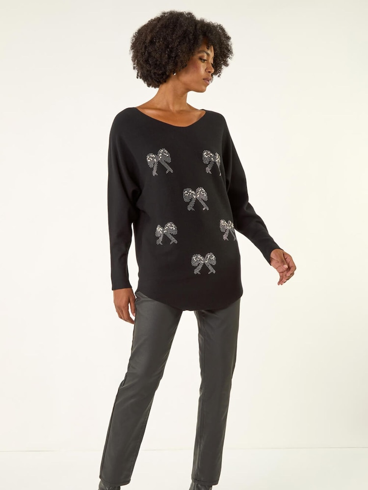 Roman Black Sequin Bow Sleeve Knit Jumper - Image 2 of 5 Roman Black Sequin Bow Sleeve Knit Jumper - Image 2 of 5