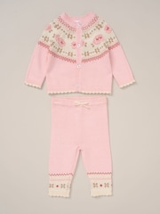 Rock-A-Bye Baby Boutique Pink True Knit Fairisle Pattern Cardigan And Trousers Outfit Set - Image 1 of 5