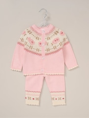 Rock-A-Bye Baby Boutique Pink True Knit Fairisle Pattern Cardigan And Trousers Outfit Set - Image 2 of 5