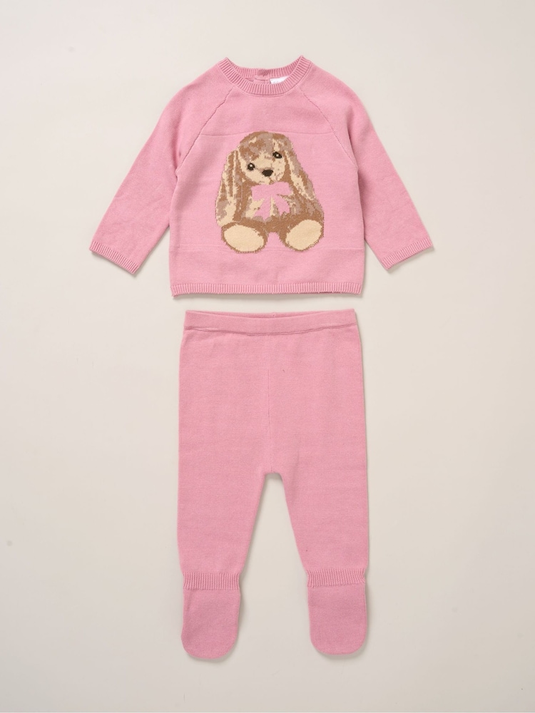 Rock-A-Bye Baby Boutique Pink True Knit Bunny Jumper and Footed Trousers Outfit Set - Image 1 of 5