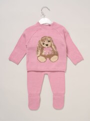 Rock-A-Bye Baby Boutique Pink True Knit Bunny Jumper and Footed Trousers Outfit Set - Image 2 of 5