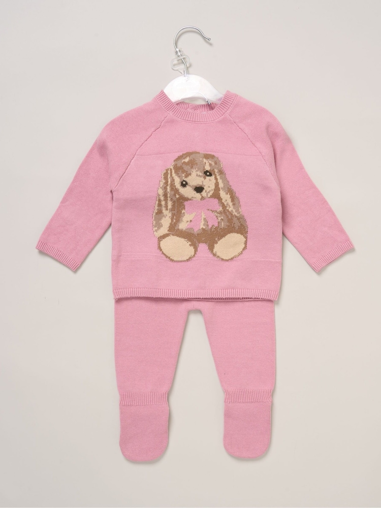 Rock-A-Bye Baby Boutique Pink True Knit Bunny Jumper and Footed Trousers Outfit Set - Image 2 of 5