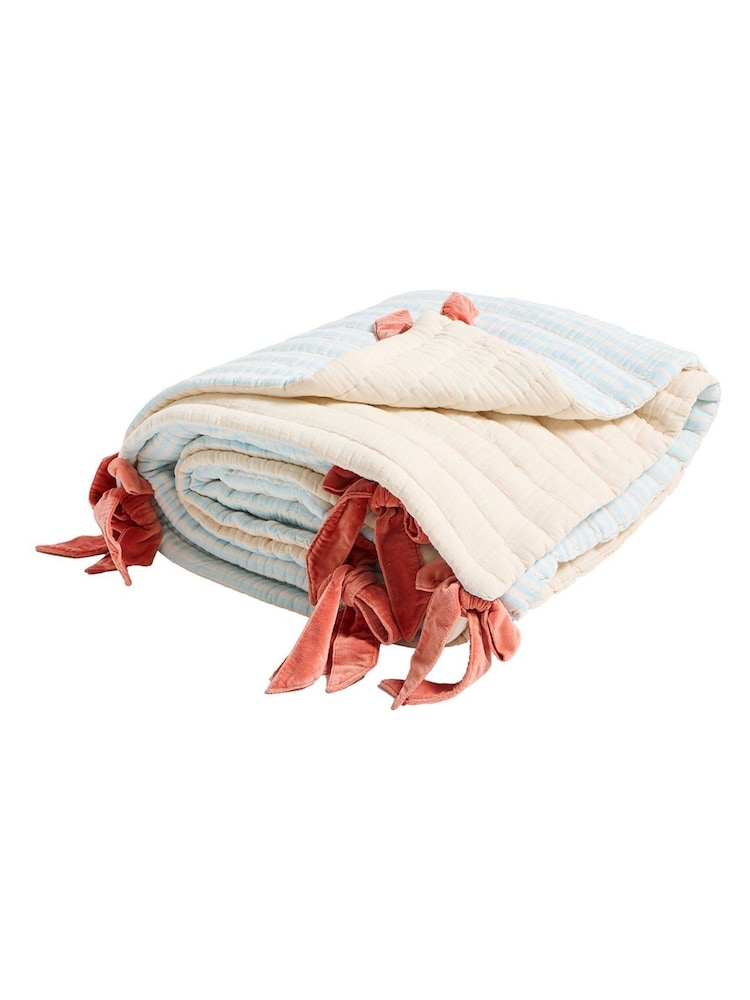 Oliver Bonas Blue Stripe & Bows Reversible Quilted Bedspread - Image 5 of 5