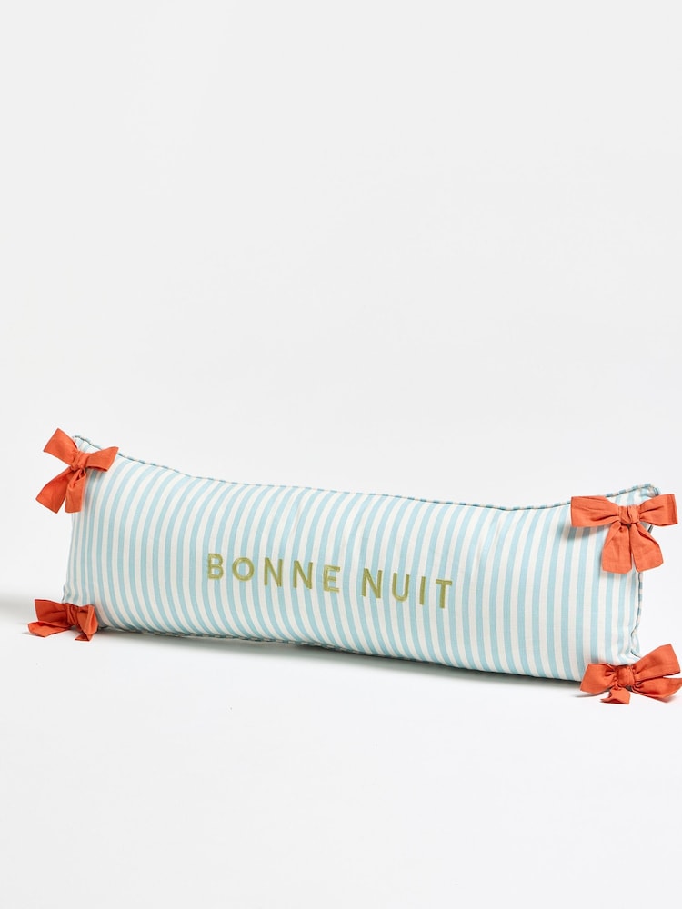 Oliver Bonas Blue Striped Bonne Nuit Bow Bolster Cushion Cover 30x90cm - Image 1 of 5 Oliver Bonas Blue Striped Bonne Nuit Bow Bolster Cushion Cover 30x90cm - Image 1 of 5