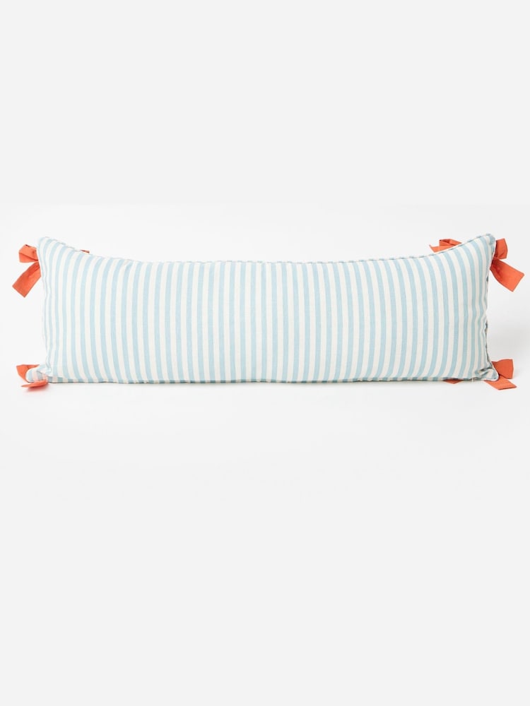 Oliver Bonas Blue Striped Bonne Nuit Bow Bolster Cushion Cover 30x90cm - Image 5 of 5 Oliver Bonas Blue Striped Bonne Nuit Bow Bolster Cushion Cover 30x90cm - Image 5 of 5