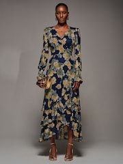 Jolie Moi Yellow Long Sleeve Ruffle Hem Mesh Maxi Dress - Image 1 of 6