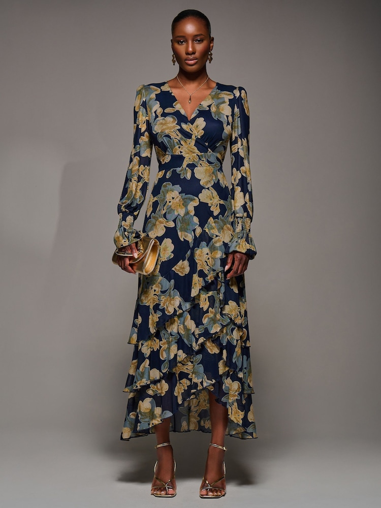 Jolie Moi Yellow Long Sleeve Ruffle Hem Mesh Maxi Dress - Image 1 of 6