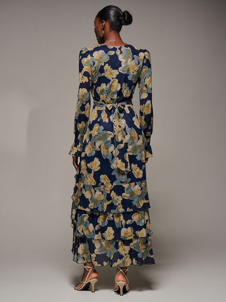 Jolie Moi Yellow Long Sleeve Ruffle Hem Mesh Maxi Dress - Image 2 of 6