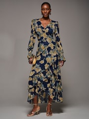 Jolie Moi Yellow Long Sleeve Ruffle Hem Mesh Maxi Dress - Image 4 of 6