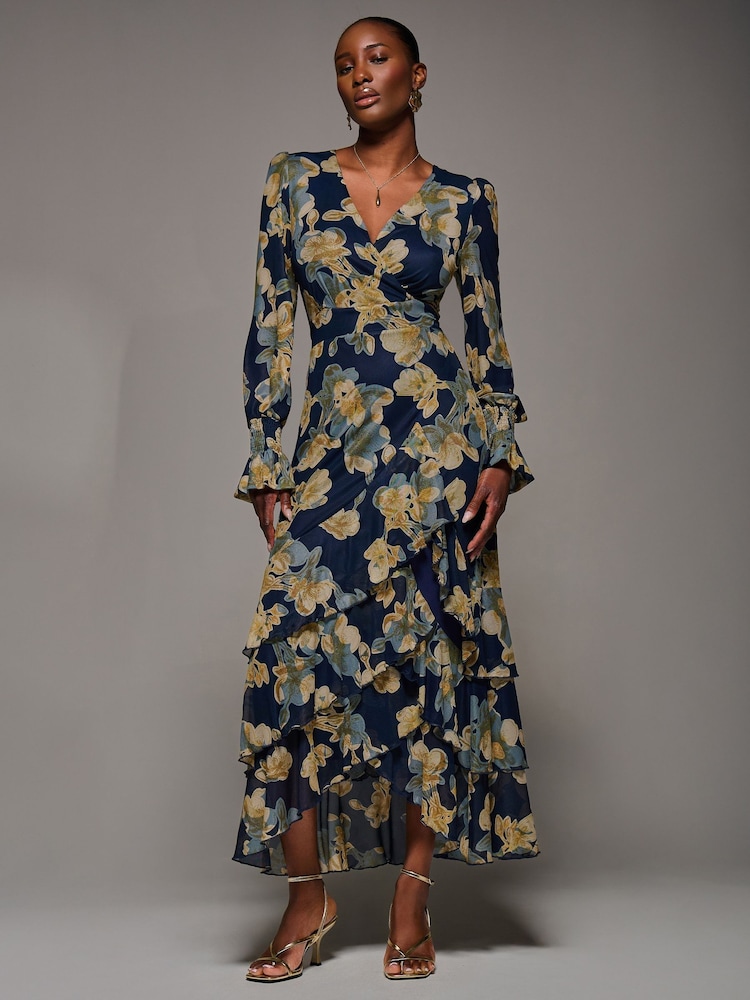 Jolie Moi Yellow Long Sleeve Ruffle Hem Mesh Maxi Dress - Image 6 of 6