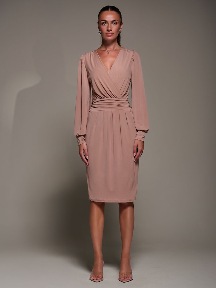 Jolie Moi Pink Jersey Balloon Sleeve Midi Dress - Image 1 of 6
