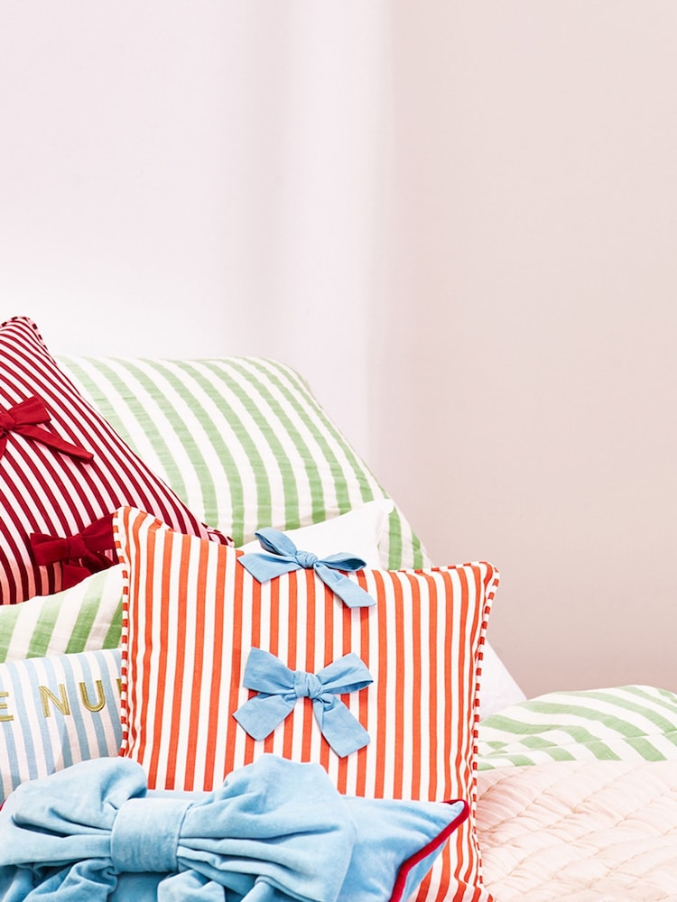 Oliver Bonas Orange Stripe Cotton Bow Cushion Cover 45x45cm - Image 1 of 5 Oliver Bonas Orange Stripe Cotton Bow Cushion Cover 45x45cm - Image 1 of 5