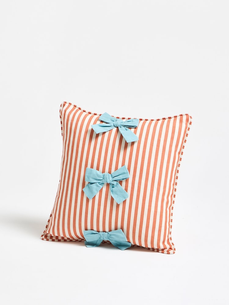 Oliver Bonas Orange Stripe Cotton Bow Cushion Cover 45x45cm - Image 2 of 5 Oliver Bonas Orange Stripe Cotton Bow Cushion Cover 45x45cm - Image 2 of 5
