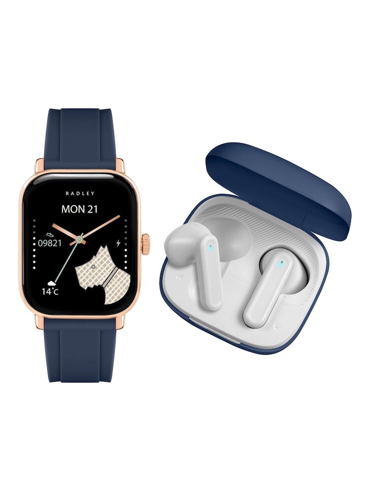 Radley Blue Series 56 Silicone Strap Smart Watch with True Wireless Earphones - Image 1 of 5 Radley Blue Series 56 Silicone Strap Smart Watch with True Wireless Earphones - Image 1 of 5