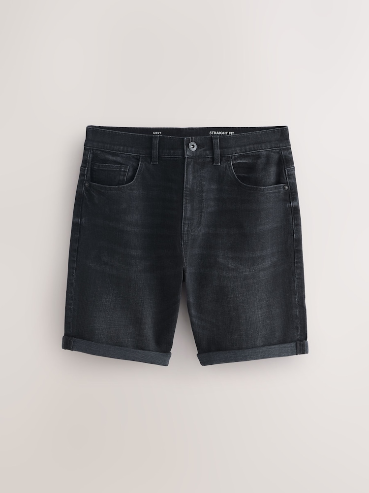 سیاہ - سیدھے فٹ - اسٹریچ ڈینم شارٹس - تصویر 1 از 5