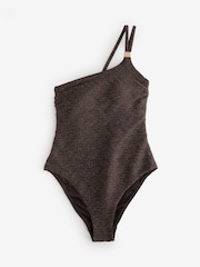 Mint Velvet Chocolate Brown Lurex Hardware Tummy Control One Shoulder Swimsuit - Image 7 of 9