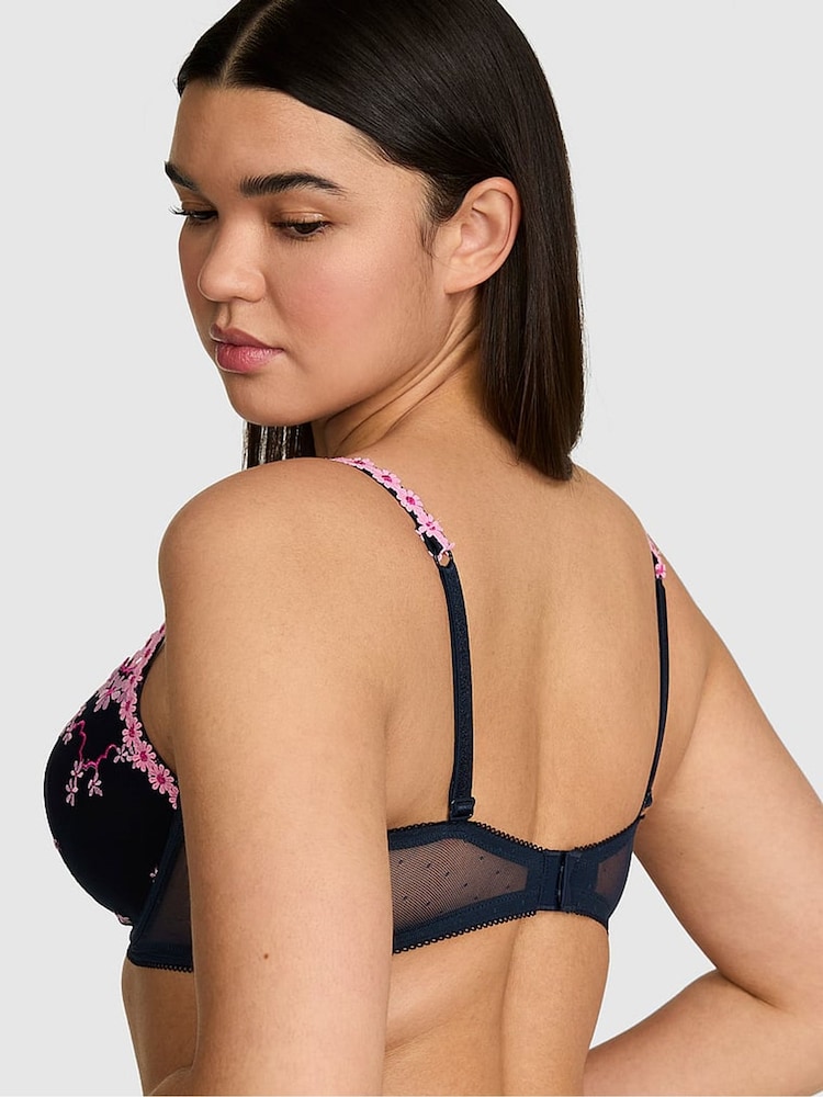 Victoria's Secret Pink Noir Navy Blue Lightly Lined Balcony Daisy Embroidery Bra - Image 2 of 3