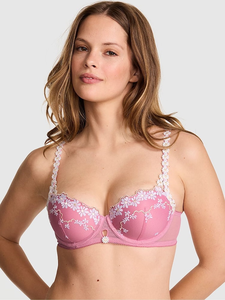 Victoria's Secret Pink Cashmere Rose Pink Lightly Lined Balcony Daisy Embroidery Bra - Image 1 of 3