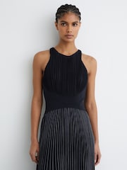 Reiss Navy Rachel Petite Pleated Sleeveless Midi Dress - Image 4 of 7